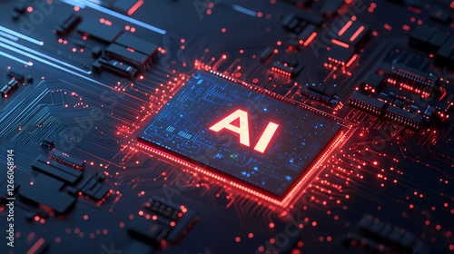 AI Chip on Circuit Board with Red Glow