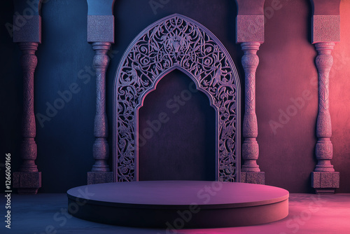 Ornate Islamic arch with intricate floral carvings in mystical pink and blue lighting, elegant Arabic architecture for spiritual Ramadan, Eid, and cultural celebrations photo