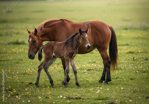 Adorable Baby Horse with Mother in Pasture – Heartwarming Bond Between Mare and Foal in Natural Setting