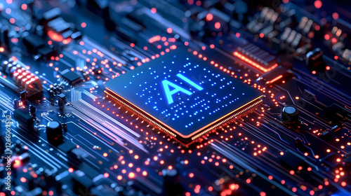 AI Chip on Circuit Board with Red and Blue Lights