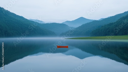 Wallpaper Mural Serene lake, lone red boat, misty mountains, tranquil scene; travel, nature Torontodigital.ca