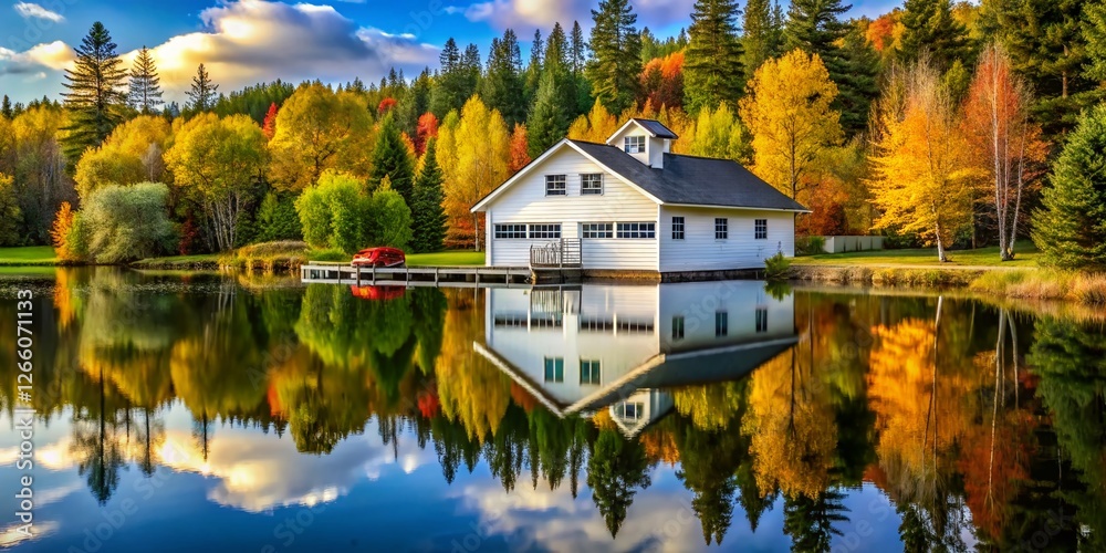 Fototapeta premium Serene Reflection: White House, Tall Trees Mirrored in Fire Station Pond