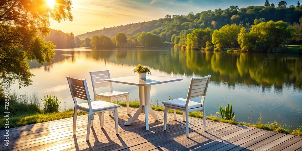 Fototapeta premium Serene Riverside Relaxation: White Chairs & Table by the Water