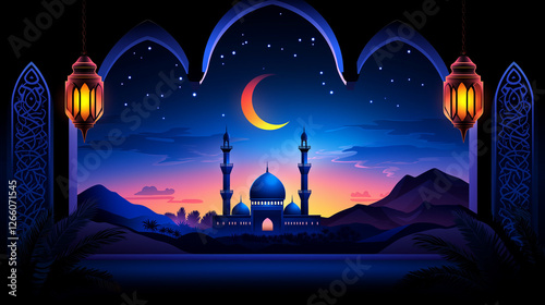 Beautiful Islamic night scene with mosque silhouette, crescent moon, and mountains, stunning Ramadan and Eid background with starry sky, peaceful spiritual atmosphere and Arabic architecture