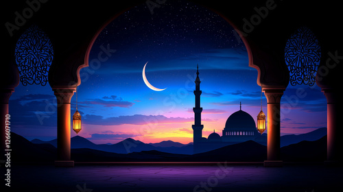 Beautiful Islamic night scene with mosque silhouette, crescent moon, and mountains, stunning Ramadan and Eid background with starry sky, peaceful spiritual atmosphere and Arabic architecture