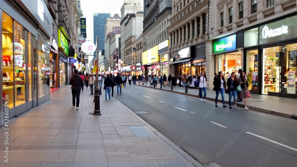 A busy city street with people walking and shopping. Scene is lively and bustling A busy city street with people walking and shopping. Scene is lively and bustling