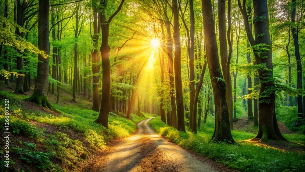 Obraz premium Serene Spring Forest Path: Lush Green Canopy, Winding Track, Sunlight Dappled