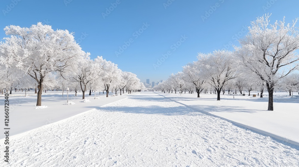 Winter park, snow-covered trees, city skyline background. Possible use Stock photo Winter park, snow-covered trees, city skyline background. Possible use Stock photo