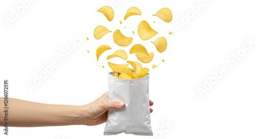 Hand Holding Potato Chips Bag with Chips Flying Out Isolated