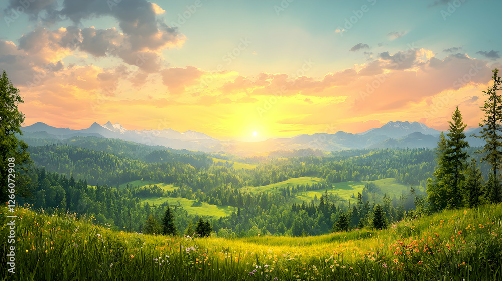 Obraz premium Sunset over mountain valley, wildflowers foreground. Travel brochure use