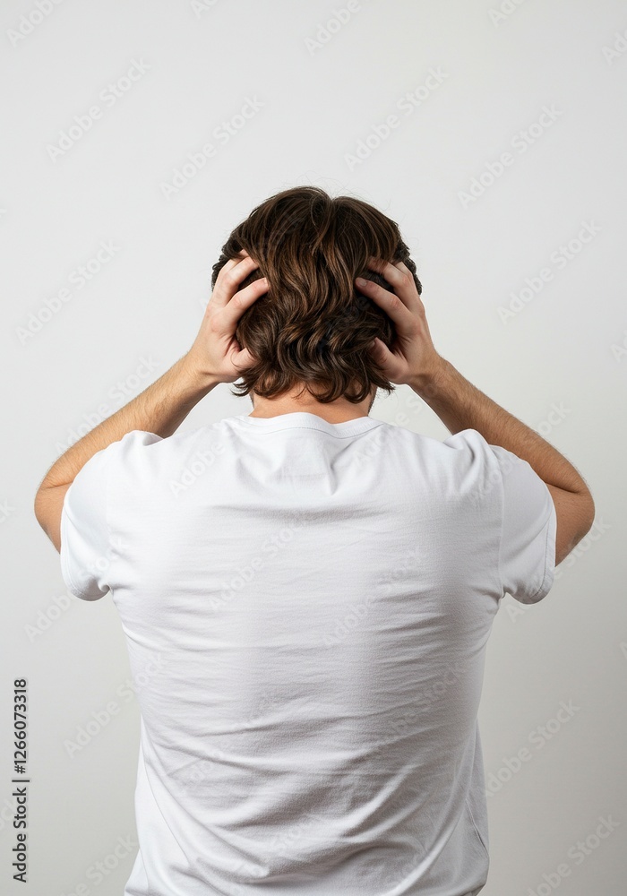 Man Holding Head in Frustration Showing Back of White Shirt Man Holding Head in Frustration Showing Back of White Shirt