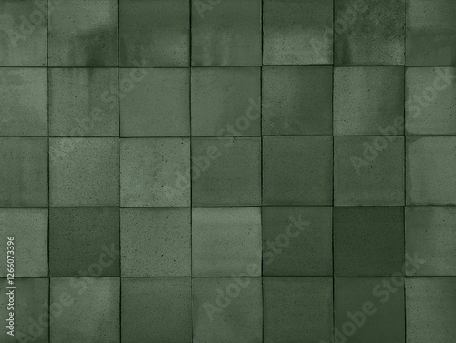 Dark moss green terracotta ceramic tiles cladding texture for interior, exterior wall, dividing wall, facade, yard, floor. Natural handmade tinted outdoor square clay slabs background.