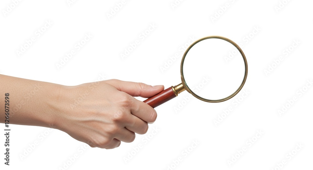 Hand Holding Magnifying Glass for Inspection or Search on White Background Hand Holding Magnifying Glass for Inspection or Search on White Background