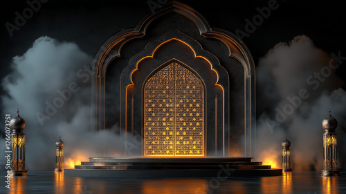 Mystical Islamic golden gateway with glowing lights, smoke-filled atmosphere, elegant Arabic architecture, sacred space representing spiritual Ramadan, Eid celebrations, and cultural religious heritag