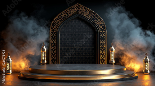 Mystical Islamic golden gateway with glowing lights, smoke-filled atmosphere, elegant Arabic architecture, sacred space representing spiritual Ramadan, Eid celebrations, and cultural religious heritag