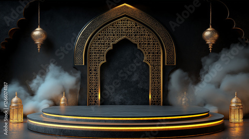 Mystical Islamic golden gateway with glowing lights, smoke-filled atmosphere, elegant Arabic architecture, sacred space representing spiritual Ramadan, Eid celebrations, and cultural religious heritag