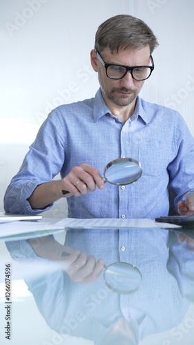 Businessman or accountant, wearing blue casual shirt and glasses, is using magnifying glass and calculator to analyze financial documents in office setting. Audit and taxes in business