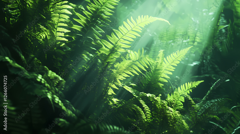 A close-up of vibrant green fern fronds, with sunlight filtering through the leaves in a dense forest, highlighting the delicate textures and patterns. Aether-Filled Caverns. Illustration A close-up of vibrant green fern fronds, with sunlight filtering through the leaves in a dense forest, highlighting the delicate textures and patterns. Aether-Filled Caverns. Illustration