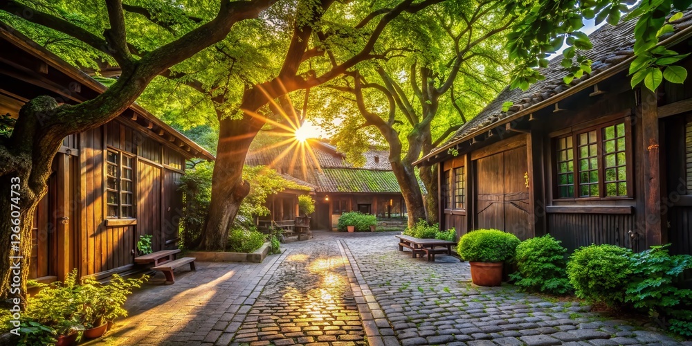 Fototapeta premium Serene Wooden Courtyard: Peaceful Shady Escape with Lush Trees