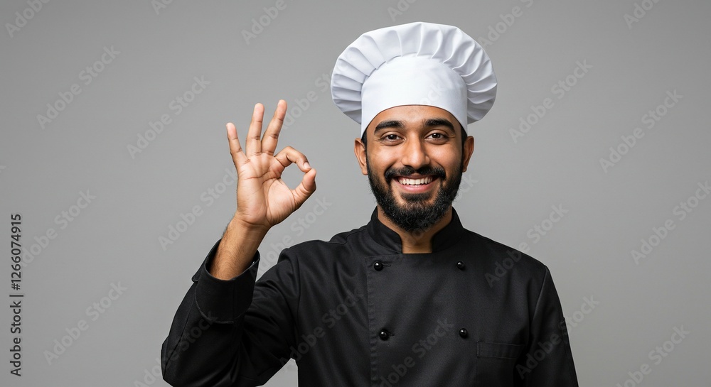 Smiling Chef Making Okay Sign in Uniform Against Neutral Background Smiling Chef Making Okay Sign in Uniform Against Neutral Background