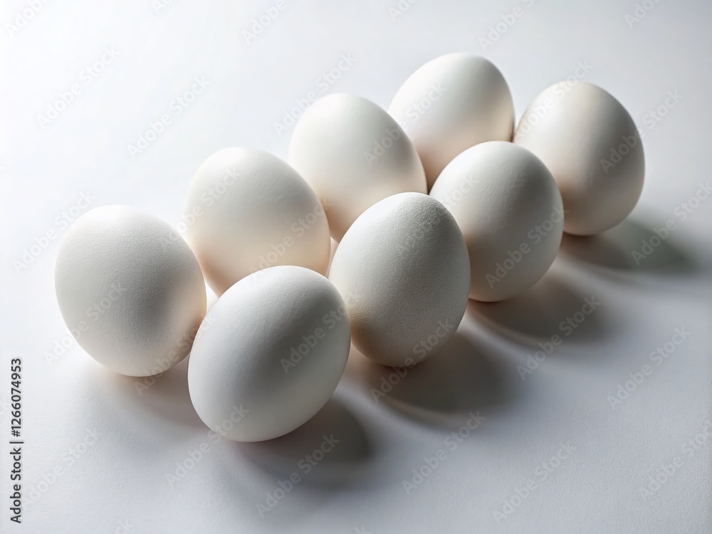 Seven Pristine White Eggs on a Pure White Background - Minimalist Food Photography Seven Pristine White Eggs on a Pure White Background - Minimalist Food Photography