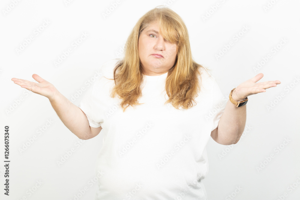 Confused Plus Size Woman Shrugging with Raised Hands Confused Plus Size Woman Shrugging with Raised Hands