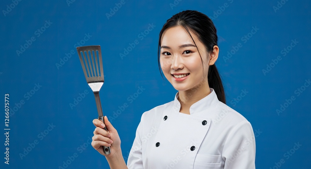 Smiling Asian Chef Holding Spatula on Blue Background for Culinary Concepts Smiling Asian Chef Holding Spatula on Blue Background for Culinary Concepts