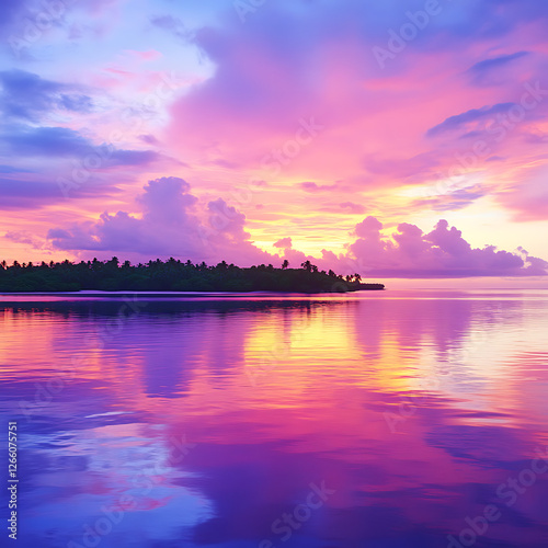 Tropical island silhouette reflected in calm water under a vibrant pink and purple sunset sky.