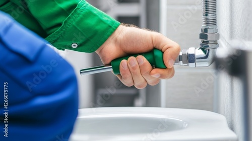 Technician repairing a toilet, focused on plumbing work in a modern bathroom setting photo