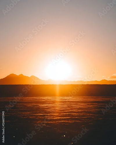 Brilliant sun blazing over distant mountains, with a vibrant reflection shimmering across textured ground or water.