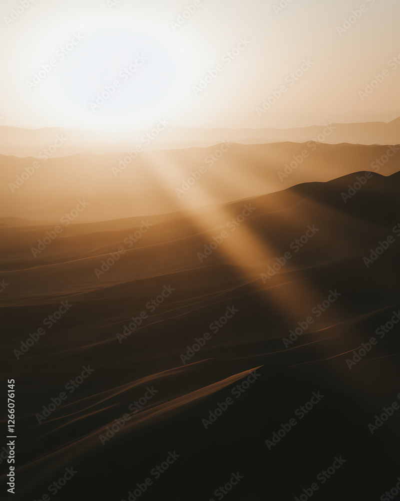 Obraz premium Golden sunlight streams across rolling sand dunes, silhouetting distant mountains in a hazy, serene desert landscape.