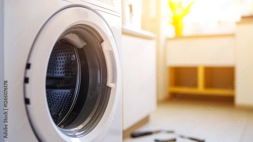 Modern washing machine in bright laundry room with sunlight, showcasing cleanliness and organization Modern washing machine in bright laundry room with sunlight, showcasing cleanliness and organization