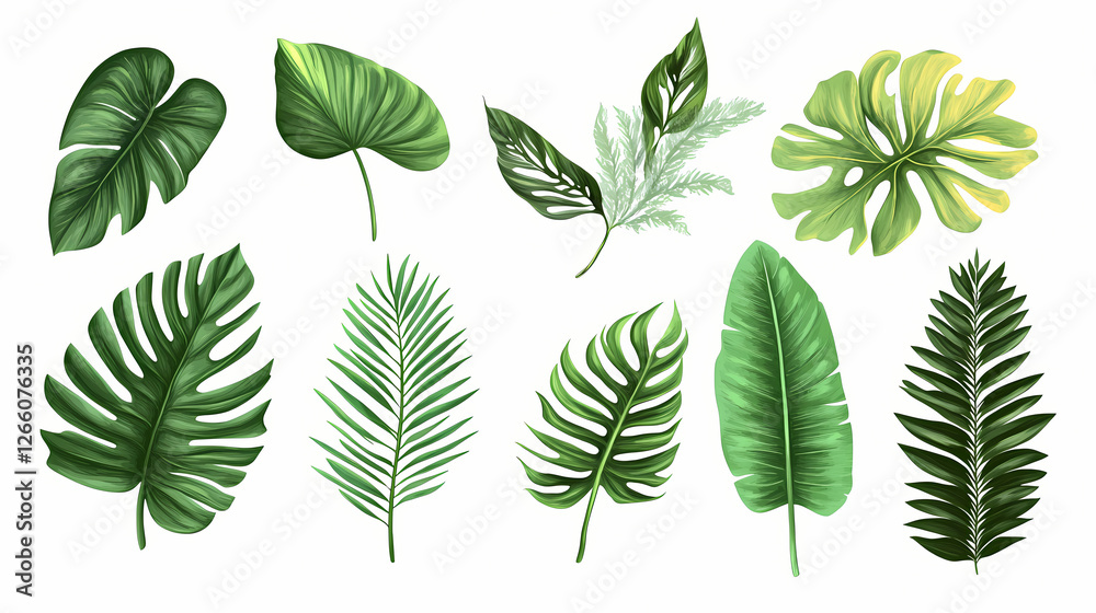 Fototapeta premium Collection of various green tropical leaves isolated on white background. Aether-Filled Caverns. Illustration