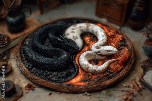 Black and White Snakes in Yin-Yang Symbol