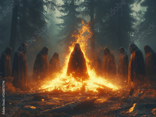 A dark, ominous, mystical nighttime forest. Strange figures stand by the fire, wearing hooded robes, no faces visible. Paranormal phenomena, sect concept. Generative Ai