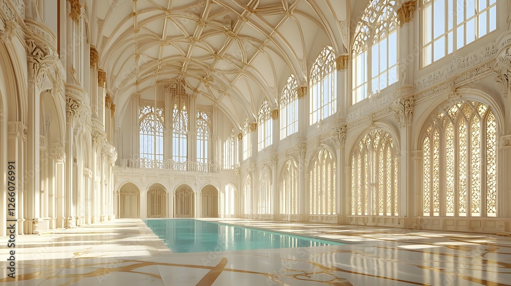 Fototapeta premium White Ornate Gothic Indoor Pool With Marble Floor And Bright Natural Lighting