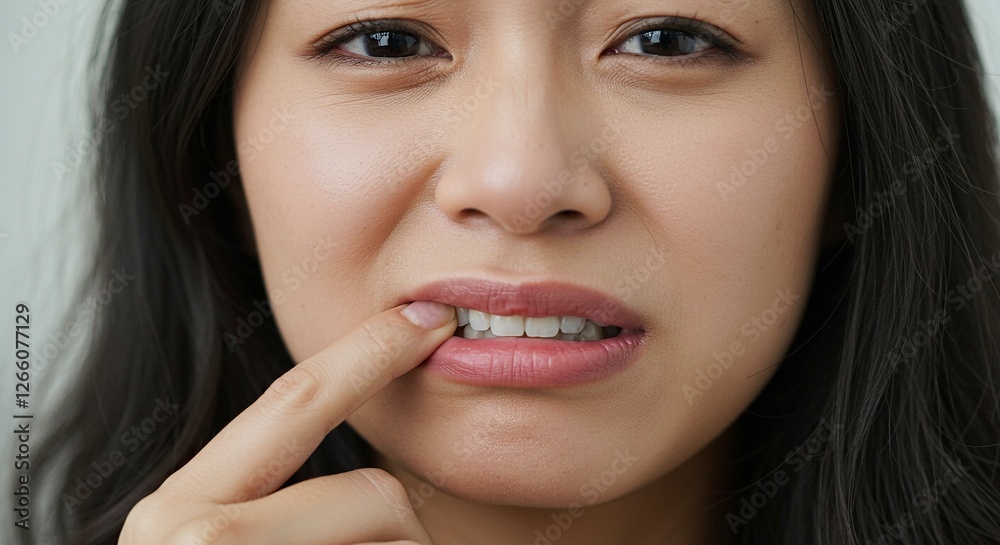 Woman Biting Fingernail Shows Anxiety or Nervous Expression Closeup Woman Biting Fingernail Shows Anxiety or Nervous Expression Closeup