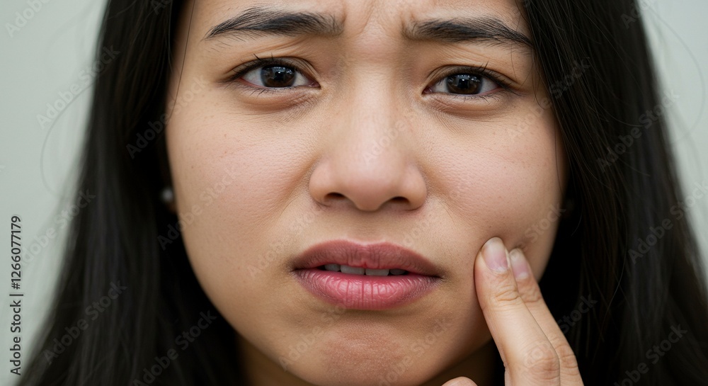 Woman Experiencing Toothache, Touching Cheek with Concerned Expression, Dental Pain Woman Experiencing Toothache, Touching Cheek with Concerned Expression, Dental Pain