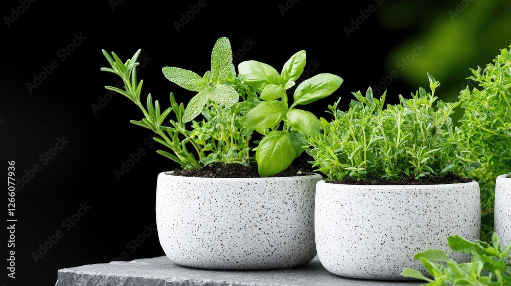 Fresh herbs in white pots on a dark surface Fresh herbs in white pots on a dark surface