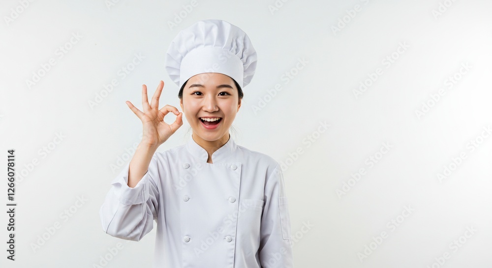 Smiling Asian Chef Making Ok Sign in White Uniform and Hat Smiling Asian Chef Making Ok Sign in White Uniform and Hat