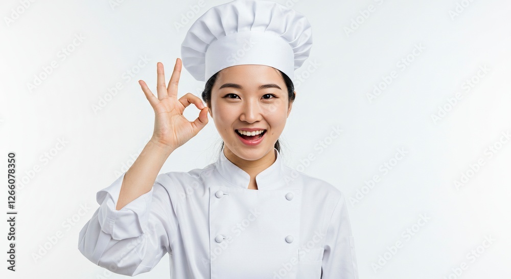 Smiling Chef Woman Making Okay Gesture in White Uniform Studio Shot Smiling Chef Woman Making Okay Gesture in White Uniform Studio Shot