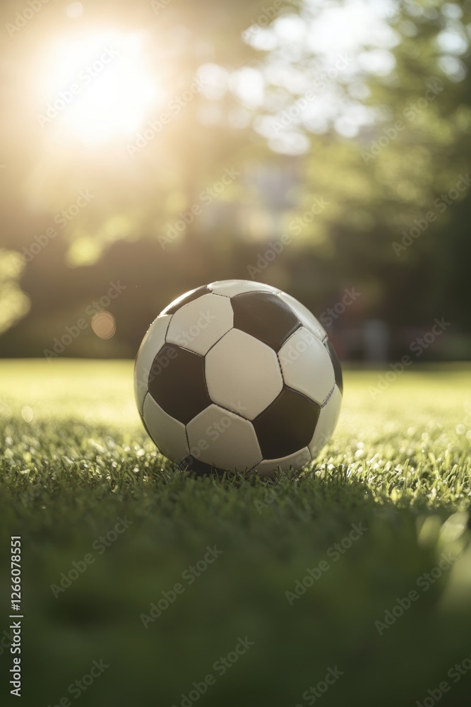 Fototapeta premium Soccer ball on grass lawn. Outdoor activity.