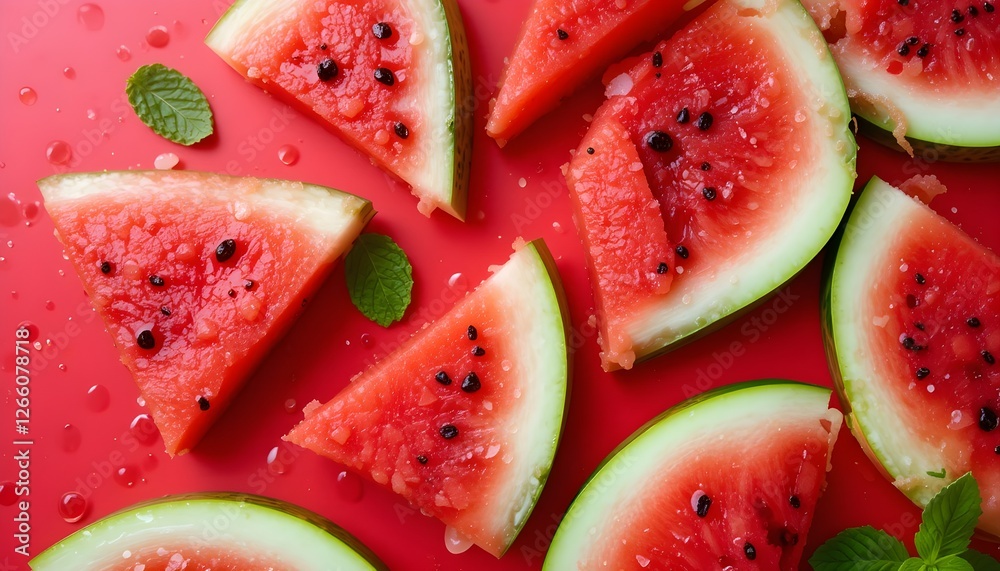 Fresh Watermelon Slices with Mint and Water Droplets on Red Background Fresh Watermelon Slices with Mint and Water Droplets on Red Background