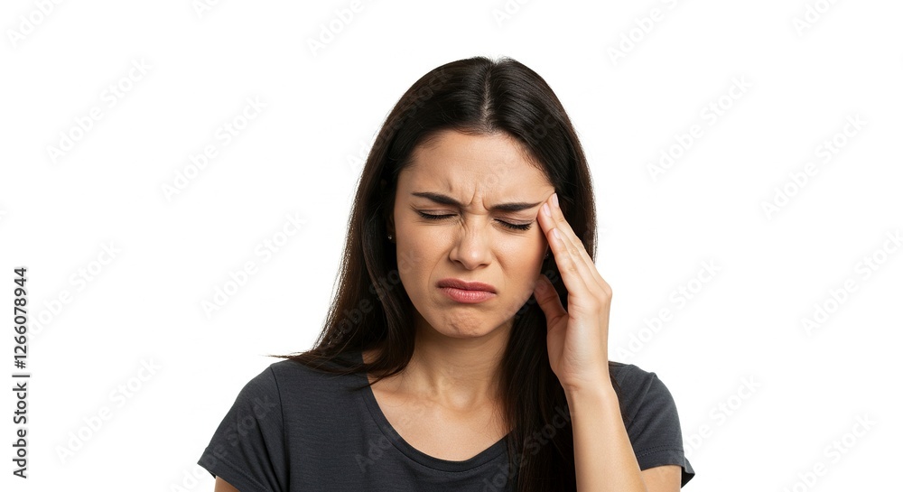 Stressed Woman Experiencing Headache Touching Temple on White Background Stressed Woman Experiencing Headache Touching Temple on White Background
