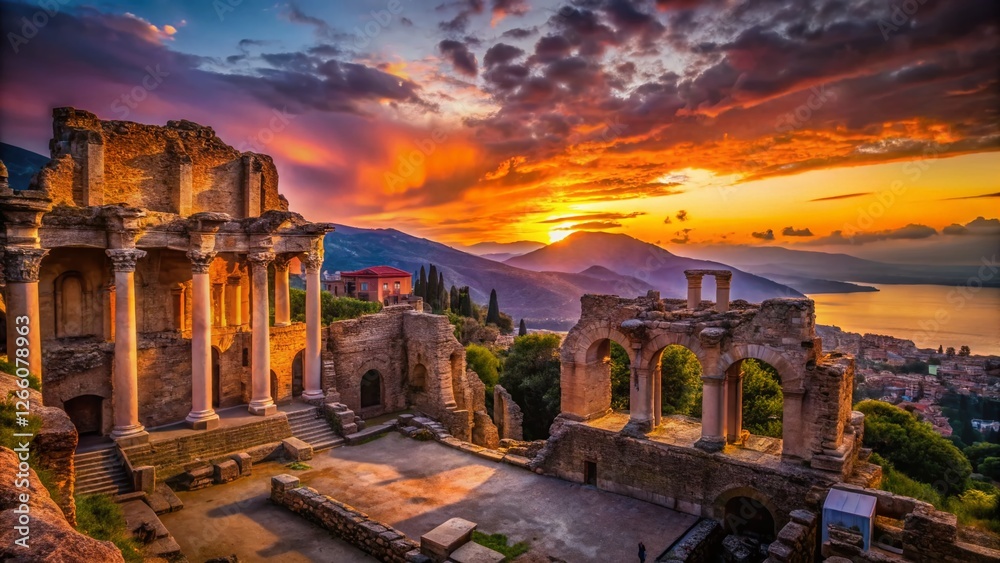 Fototapeta premium Silhouette of Ancient Greek Theatre Ruins at Sunset, Taormina, Sicily