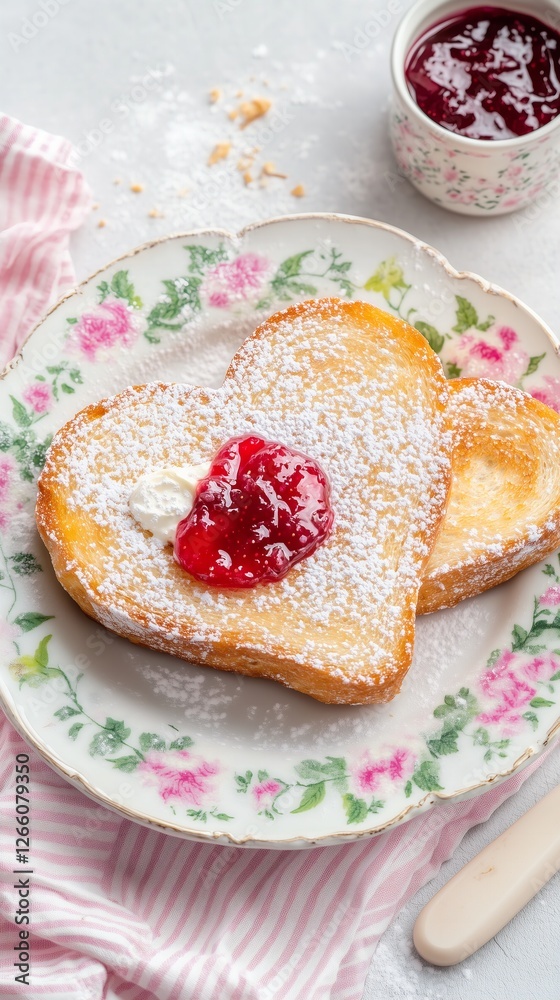 rustic and cozy breakfast composition featuring heart-shaped toast, styled on a floral print plate for a charming, nostalgic vibe. The toast is golden brown, with a dollop of strawberry jam rustic and cozy breakfast composition featuring heart-shaped toast, styled on a floral print plate for a charming, nostalgic vibe. The toast is golden brown, with a dollop of strawberry jam