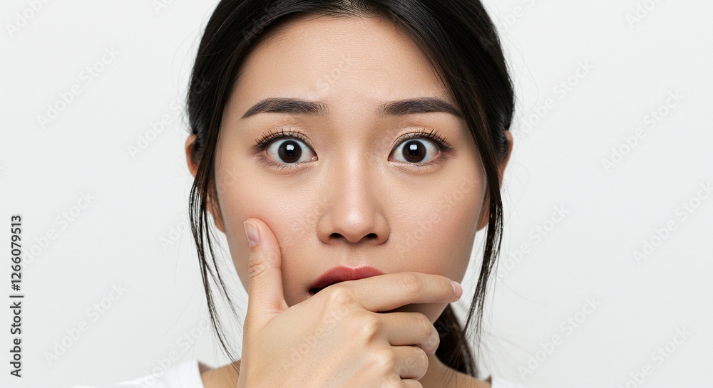 Shocked Young Asian Woman Covering Mouth with Hand Expressing Fear Shocked Young Asian Woman Covering Mouth with Hand Expressing Fear