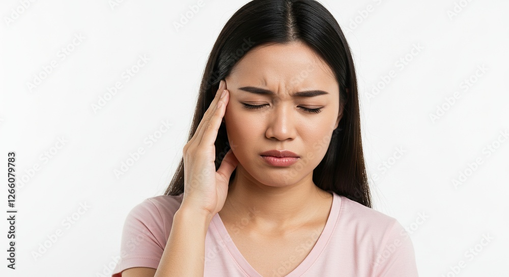 Asian Woman Experiencing Headache Touching Her Head with Closed Eyes Asian Woman Experiencing Headache Touching Her Head with Closed Eyes