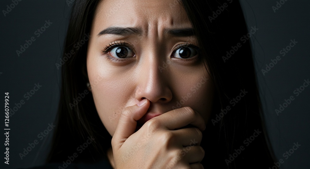Worried Woman Covering Her Mouth with Hand Showing Fear Emotion Worried Woman Covering Her Mouth with Hand Showing Fear Emotion