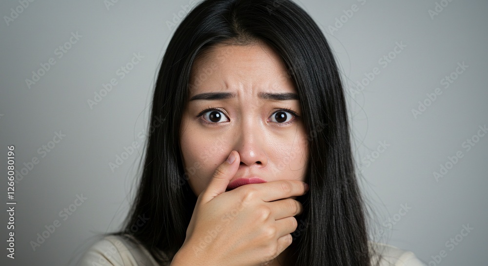 Shocked Asian Woman Covering Mouth with Hand with Worried Expression Shocked Asian Woman Covering Mouth with Hand with Worried Expression
